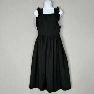 Ulla Johnson Dress Womens 6 Black Willa Pinafore Midi Ruffle Linen Blend Resort